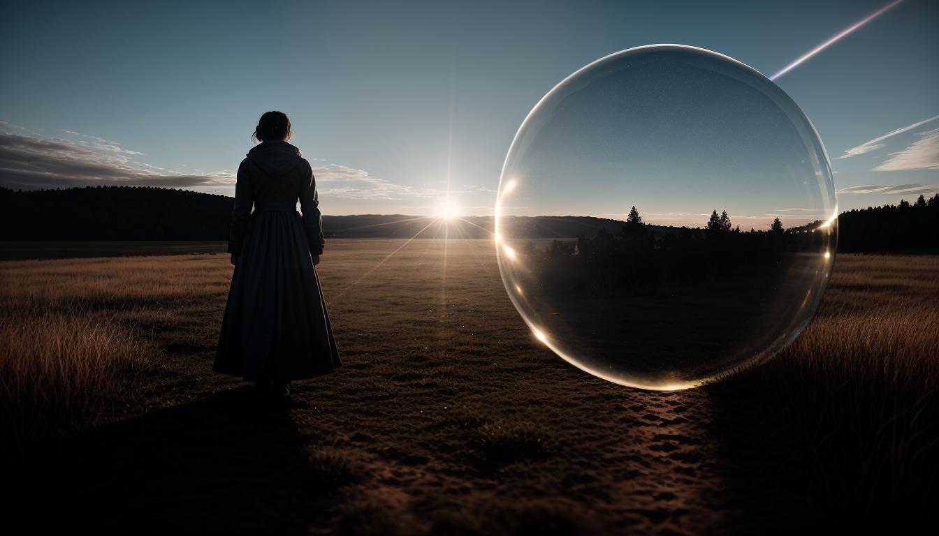  cinematic, aesthetic, A protective bubble surrounding a person, various stress factors pressing on it but not breaking through, soft glow of safety, well being, boundary setting, 4k, HDR, lens flare