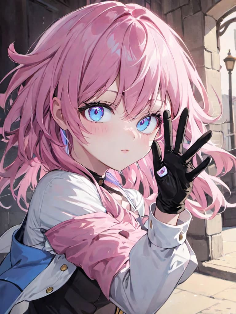  裸体, sanyueqi,1girl,solo,pink hair,gloves,long sleeves,blue eyes,bangs,shirt,white shirt,hair between eyes,pink eyes