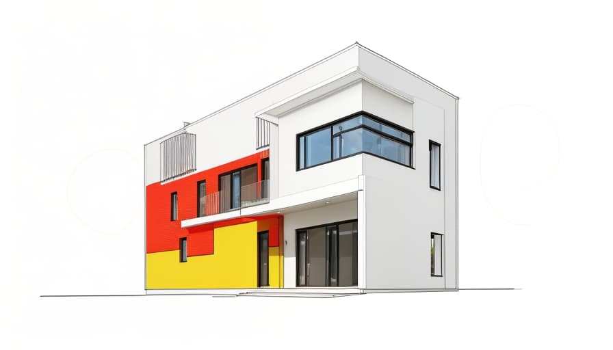  Exterior architecture: Modern 3 storey house and mezzanine, daylight, beautiful modern materials, first floor highlight, bright colors in harmony with the surrounding landscape