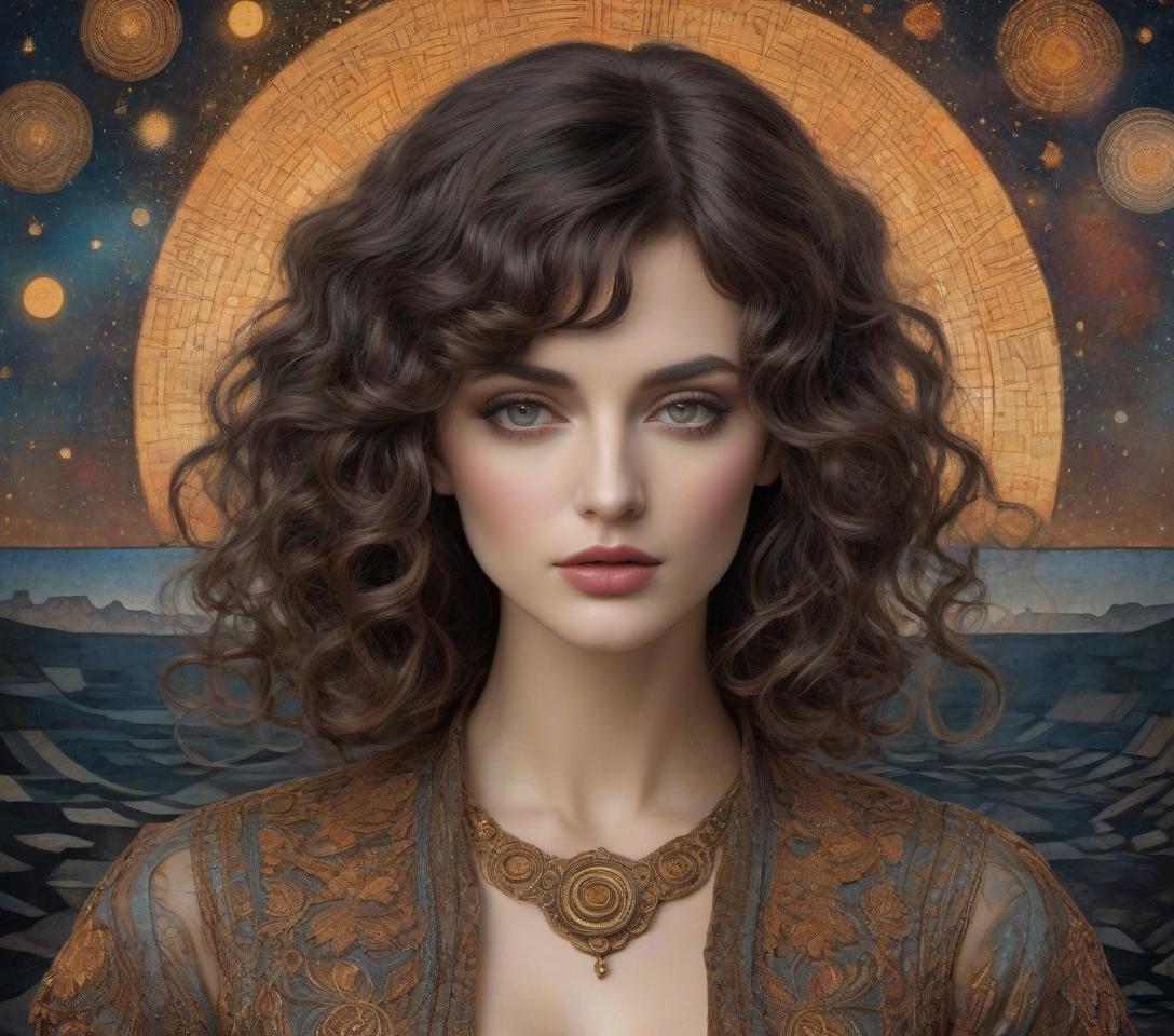  Art Nouveau style Beautiful dark haired woman with curly hair and big brown eyes with magnetic gaze looking at the camera, nostalgia, battery corrosion, starry sky, market in background, Mercury Glass patina, topographic lines, Art Brut, moody, somber, Saturated colors, in the style of Paul Klee, Arthur Rackham . elegant, decorative, curvilinear forms, nature inspired, ornate, detailed hyperrealistic, full body, detailed clothing, highly detailed, cinematic lighting, stunningly beautiful, intricate, sharp focus, f/1. 8, 85mm, (centered image composition), (professionally color graded), ((bright soft diffused light)), volumetric fog, trending on instagram, trending on tumblr, HDR 4K, 8K