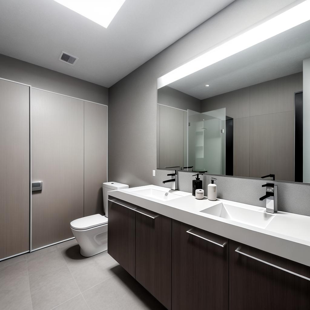  architecture photography "Monochromatic minimalist bathroom with double vanity, grey accent wall, mirrored storage, privacy toilet area, glass enclosed shower, high quality fixtures, concealed cabinetry for washing machine and vacuum, clean uncluttered design, photo realistic rendering." hyperrealistic, full body, detailed clothing, highly detailed, cinematic lighting, stunningly beautiful, intricate, sharp focus, f/1. 8, 85mm, (centered image composition), (professionally color graded), ((bright soft diffused light)), volumetric fog, trending on instagram, trending on tumblr, HDR 4K, 8K