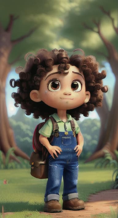  {The tree with a twinkling eye, while its leaves gently rustle., Riley, a curious with big brown eyes and curly hair, wearing overalls and carrying a small backpack. Their friend, Skye, a bluebird with shiny feathers.