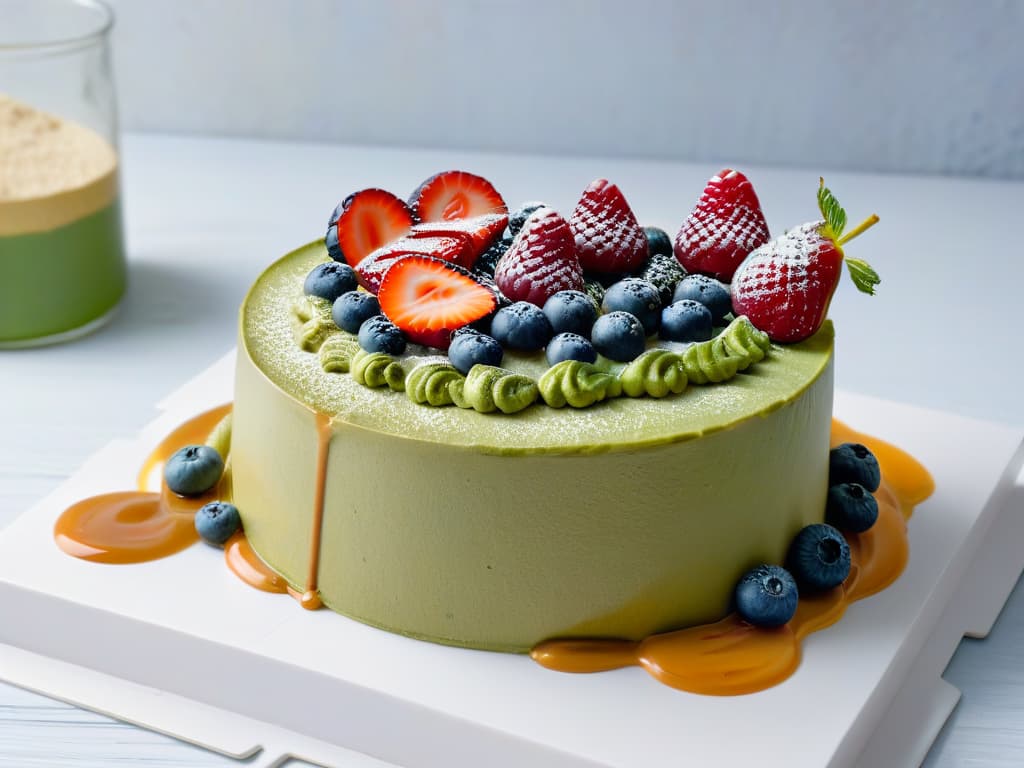  A minimalistic, yet detailed illustration of a slice of cheesecake adorned with a variety of cultural toppings like matcha powder, dulce de leche drizzle, and fresh berries, symbolizing the rich history and diverse influences of cheesecake across different cultures. hyperrealistic, full body, detailed clothing, highly detailed, cinematic lighting, stunningly beautiful, intricate, sharp focus, f/1. 8, 85mm, (centered image composition), (professionally color graded), ((bright soft diffused light)), volumetric fog, trending on instagram, trending on tumblr, HDR 4K, 8K