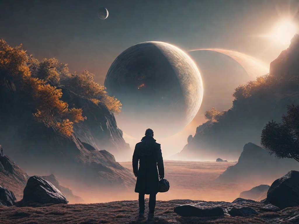  A dark silhouette of a mysterious alien planet looms in the background, with three distinct suns casting an eerie glow. In the foreground, a lone figure stands, gazing up at the celestial phenomenon with a mix of wonder and trepidation. The image captures the otherworldly essence of "The Three-Body Problem" as praised by Stephen King.digital art, ilustration hyperrealistic, full body, detailed clothing, highly detailed, cinematic lighting, stunningly beautiful, intricate, sharp focus, f/1. 8, 85mm, (centered image composition), (professionally color graded), ((bright soft diffused light)), volumetric fog, trending on instagram, trending on tumblr, HDR 4K, 8K