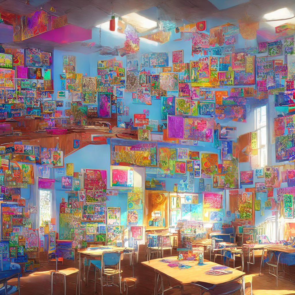  A vibrant masterpiece with the best quality, 8k resolution, and high detailed, ultra-detailed elements. An energetic girl is chatting in a lively classroom, surrounded by ((colorful posters)) and ((art supplies)) on the desk. The room is filled with ((natural light)) coming through large windows, casting a warm glow on the scene. Paintbrushes and pencils are strewn across the floor, showcasing the girl's creative spirit. The walls are adorned with ((inspiring quotes)) from famous artists, motivating her to explore her artistic talents. hyperrealistic, full body, detailed clothing, highly detailed, cinematic lighting, stunningly beautiful, intricate, sharp focus, f/1. 8, 85mm, (centered image composition), (professionally color graded), ((bright soft diffused light)), volumetric fog, trending on instagram, trending on tumblr, HDR 4K, 8K