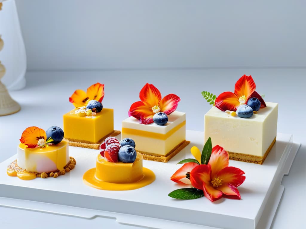  A minimalistic image of a sleek, modern dessert display featuring a variety of colorful and beautifully plated desserts arranged in a geometric pattern on a white marble countertop. Each dessert is meticulously garnished with delicate edible flowers and gold leaf accents, creating a visually stunning and appetizing presentation. The lighting is soft and focused, casting a gentle glow on the desserts and highlighting their intricate details and vibrant colors. This image exudes sophistication and elegance, perfectly capturing the essence of effective dessert merchandising. hyperrealistic, full body, detailed clothing, highly detailed, cinematic lighting, stunningly beautiful, intricate, sharp focus, f/1. 8, 85mm, (centered image composition), (professionally color graded), ((bright soft diffused light)), volumetric fog, trending on instagram, trending on tumblr, HDR 4K, 8K