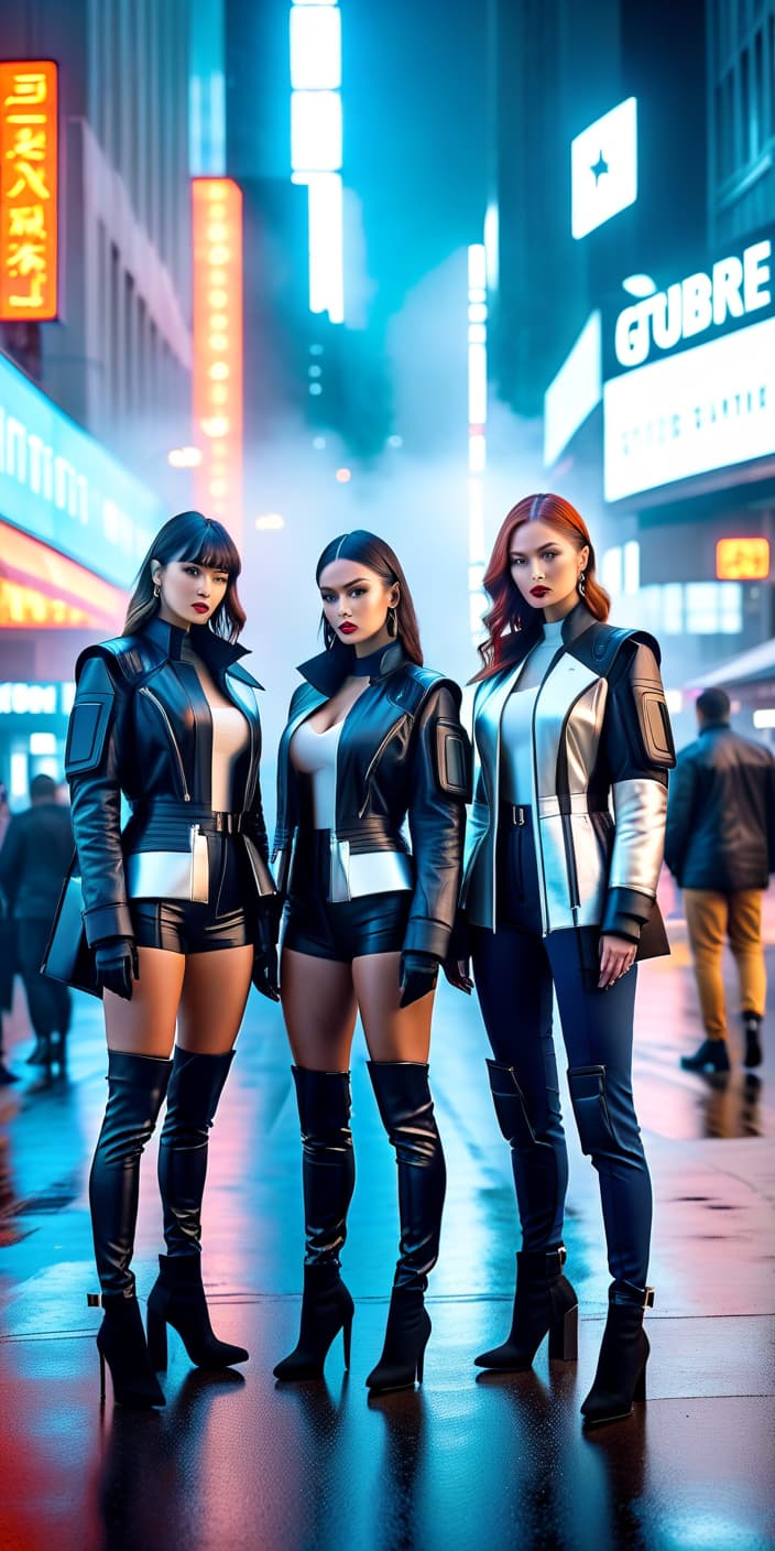  Three girls and a boy in a city of the future. hyperrealistic, full body, detailed clothing, highly detailed, cinematic lighting, stunningly beautiful, intricate, sharp focus, f/1. 8, 85mm, (centered image composition), (professionally color graded), ((bright soft diffused light)), volumetric fog, trending on instagram, trending on tumblr, HDR 4K, 8K