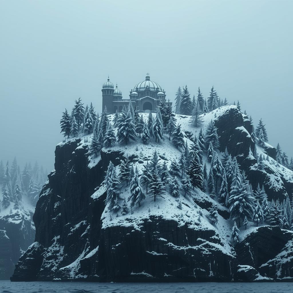  snowy arctic island covered in pine forests just above a stormy sea, the island looms 150 feet over the water in icy, treacherous cliffs, gothic mausoleum stands on the northern end of the island, haunting, 1990s ravenloft art ar 16:9 hyperrealistic, full body, detailed clothing, highly detailed, cinematic lighting, stunningly beautiful, intricate, sharp focus, f/1. 8, 85mm, (centered image composition), (professionally color graded), ((bright soft diffused light)), volumetric fog, trending on instagram, trending on tumblr, HDR 4K, 8K