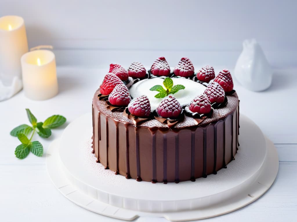  A closeup ultradetailed image of a beautifully crafted vegan chocolate cake topped with fresh raspberries and mint leaves, elegantly presented on a sleek white plate against a soft, blurred background highlighting the intricate details of the dessert. hyperrealistic, full body, detailed clothing, highly detailed, cinematic lighting, stunningly beautiful, intricate, sharp focus, f/1. 8, 85mm, (centered image composition), (professionally color graded), ((bright soft diffused light)), volumetric fog, trending on instagram, trending on tumblr, HDR 4K, 8K