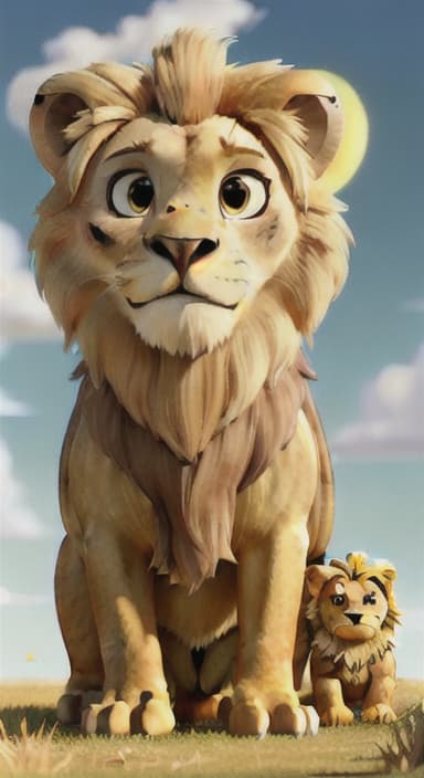  {A sunny savanna with the lion and eagle meeting under a bright sky, The lion has a golden mane and bright, curious eyes. The eagle is large with a sharp beak and powerful wings.