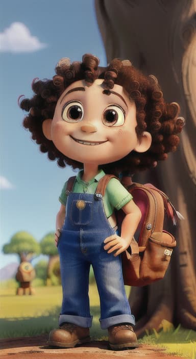  {The tree with a smiling face formed by its bark, looking down at Riley., Riley, a curious with big brown eyes and curly hair, wearing overalls and carrying a small backpack. Their friend, Skye, a bluebird with shiny feathers.