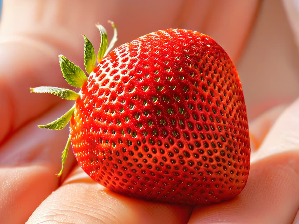  A closeup, highresolution image of a perfectly ripe red strawberry sliced in half, showcasing its intricate seeds, vibrant color, and juicy texture, set against a clean, white background. hyperrealistic, full body, detailed clothing, highly detailed, cinematic lighting, stunningly beautiful, intricate, sharp focus, f/1. 8, 85mm, (centered image composition), (professionally color graded), ((bright soft diffused light)), volumetric fog, trending on instagram, trending on tumblr, HDR 4K, 8K