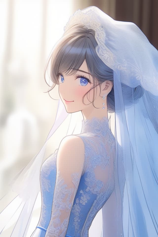  (可愛いイラスト)(close up of upper body) in wedding dress,masterpiece,(face in profile)(smiling)(beautiful silver hair)(blue eyes)(blue embroidered dress on white cloth)(long transparent veil) high quality,8k