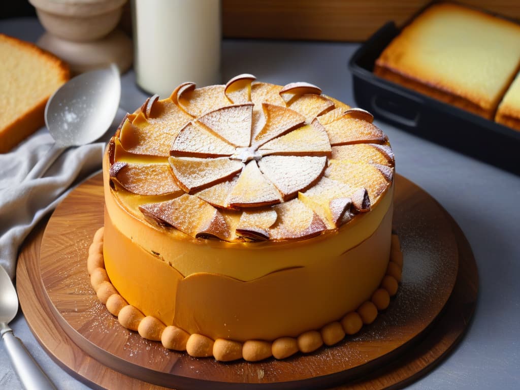  A closeup, ultradetailed image of a freshly baked Basbousa cake, showcasing the goldenbrown crust studded with almond slices, emitting a tantalizing aroma. The cake sits on a rustic wooden board, with a backdrop of softfocus kitchen utensils and a hint of steam rising from its moist, crumbly interior. The lighting is warm and inviting, casting a gentle shadow that enhances the texture and depth of the dessert, making it irresistibly delicious and visually appealing. hyperrealistic, full body, detailed clothing, highly detailed, cinematic lighting, stunningly beautiful, intricate, sharp focus, f/1. 8, 85mm, (centered image composition), (professionally color graded), ((bright soft diffused light)), volumetric fog, trending on instagram, trending on tumblr, HDR 4K, 8K