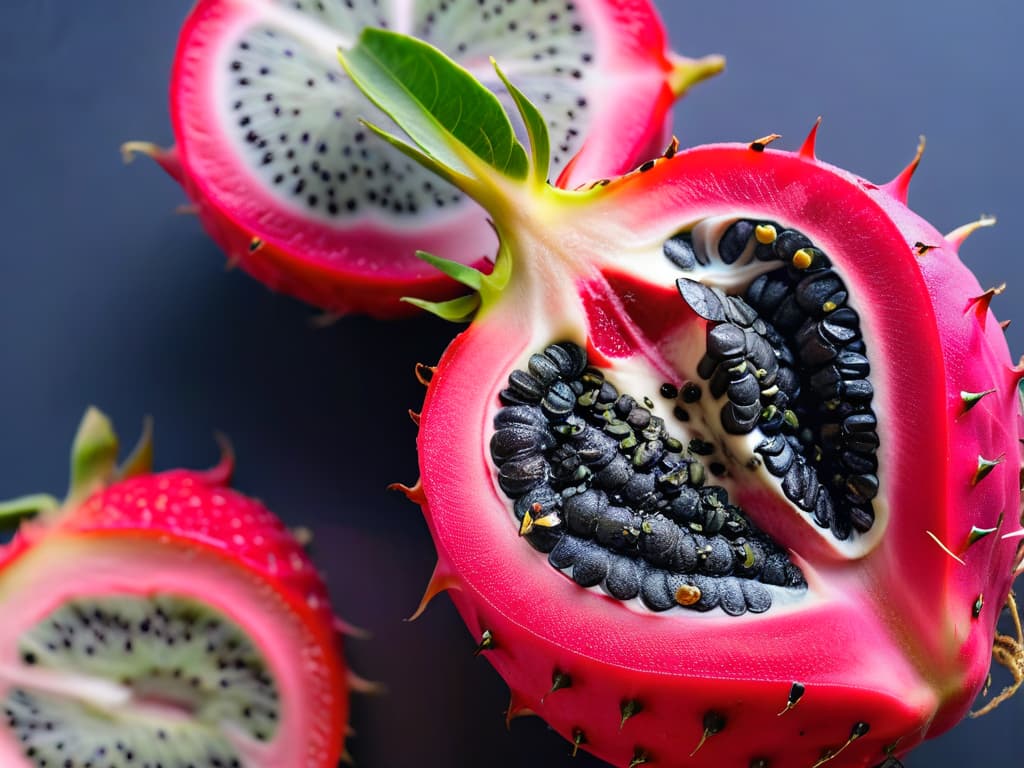  A highresolution, ultradetailed image of a vibrant pitahaya fruit sliced open to reveal its bright pink flesh and black seeds, set against a stark white background. The image focuses on the intricate patterns and textures of the fruit, showcasing its juicy pulp and contrasting colors in a minimalistic and visually striking manner. hyperrealistic, full body, detailed clothing, highly detailed, cinematic lighting, stunningly beautiful, intricate, sharp focus, f/1. 8, 85mm, (centered image composition), (professionally color graded), ((bright soft diffused light)), volumetric fog, trending on instagram, trending on tumblr, HDR 4K, 8K