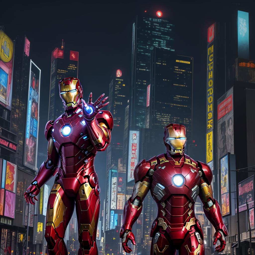  masterpiece, best quality, Best quality, masterpiece, 8k resolution, realistic, highly detailed, close up of Iron Man. In a cyberpunk-style night scene of the city, he stands on a street lined with tall buildings. The city's night lights are bright, The surrounding buildings and streets are filled with cyberpunk elements such as neon lights, high-tech devices, and futuristic architectural designs.