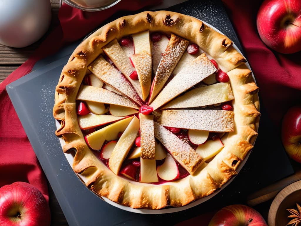  A closeup, ultradetailed image of a freshly baked apple pie with a golden, flaky crust speckled with cinnamon sugar, surrounded by a small pile of ripe, red apples with droplets of water glistening on their skin, all set on a rustic wooden table with a soft, natural light casting gentle shadows. hyperrealistic, full body, detailed clothing, highly detailed, cinematic lighting, stunningly beautiful, intricate, sharp focus, f/1. 8, 85mm, (centered image composition), (professionally color graded), ((bright soft diffused light)), volumetric fog, trending on instagram, trending on tumblr, HDR 4K, 8K