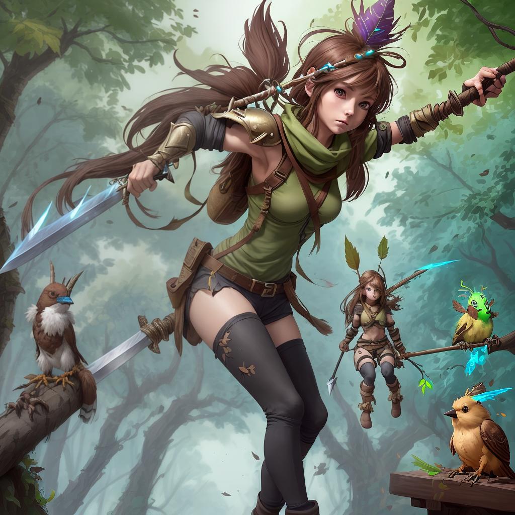  scout bird, brown colorhippogriffin, gravity fur,two , wear hot armor, holding double sword, in the advanture with ftiendsent , living tree walking on the streets , gravity colors, leaves all on his head and bench , so many vineskobold female, tight clothes, big , and xys body, holding stick, and greenghost , floating, gravity color, cys body, with big bobbs. wear open clothestwo fairies, gravity colors, xys body eith big bs, have arrows weapon,two wisp, together alongd, have cute eye, gravity colors undeads, big bs,