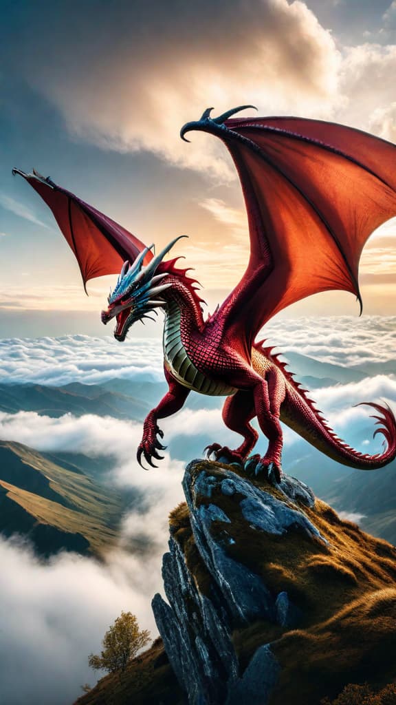  A majestic dragon soars through the clouds in a vibrant, fantastical landscape. hyperrealistic, full body, detailed clothing, highly detailed, cinematic lighting, stunningly beautiful, intricate, sharp focus, f/1. 8, 85mm, (centered image composition), (professionally color graded), ((bright soft diffused light)), volumetric fog, trending on instagram, trending on tumblr, HDR 4K, 8K