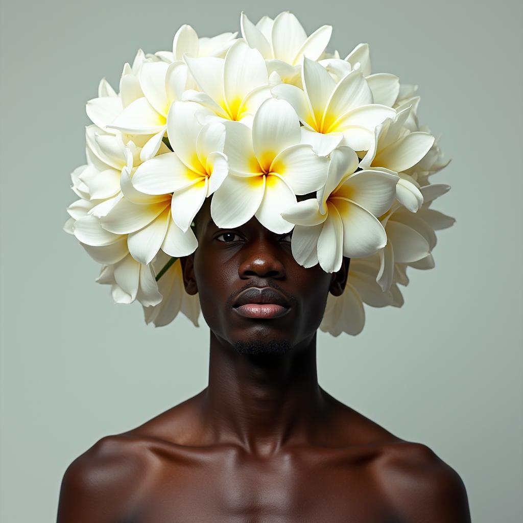  good quality, high quality, a young man stands in front of a large bouquet of white flowers. the flowers are arranged in a way that they cover his head and neck, creating a striking contrast between his dark skin and the bright