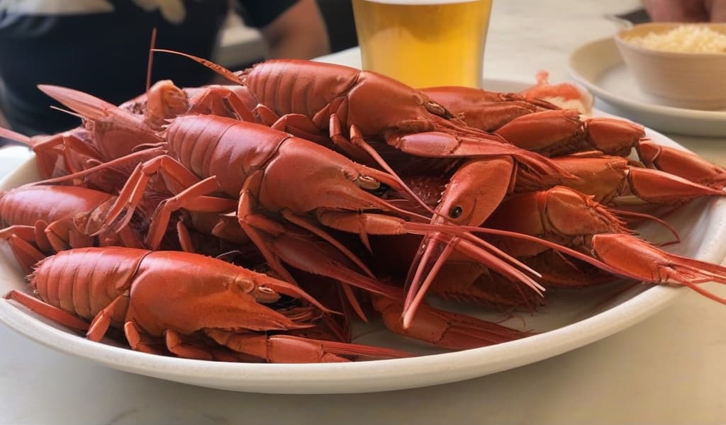  raw, analog style, a candid, 1. Bar beer with crayfish 2. Come to the bar, drink beer, eat crayfish, have fun 3. Local workers, home, instagram photo