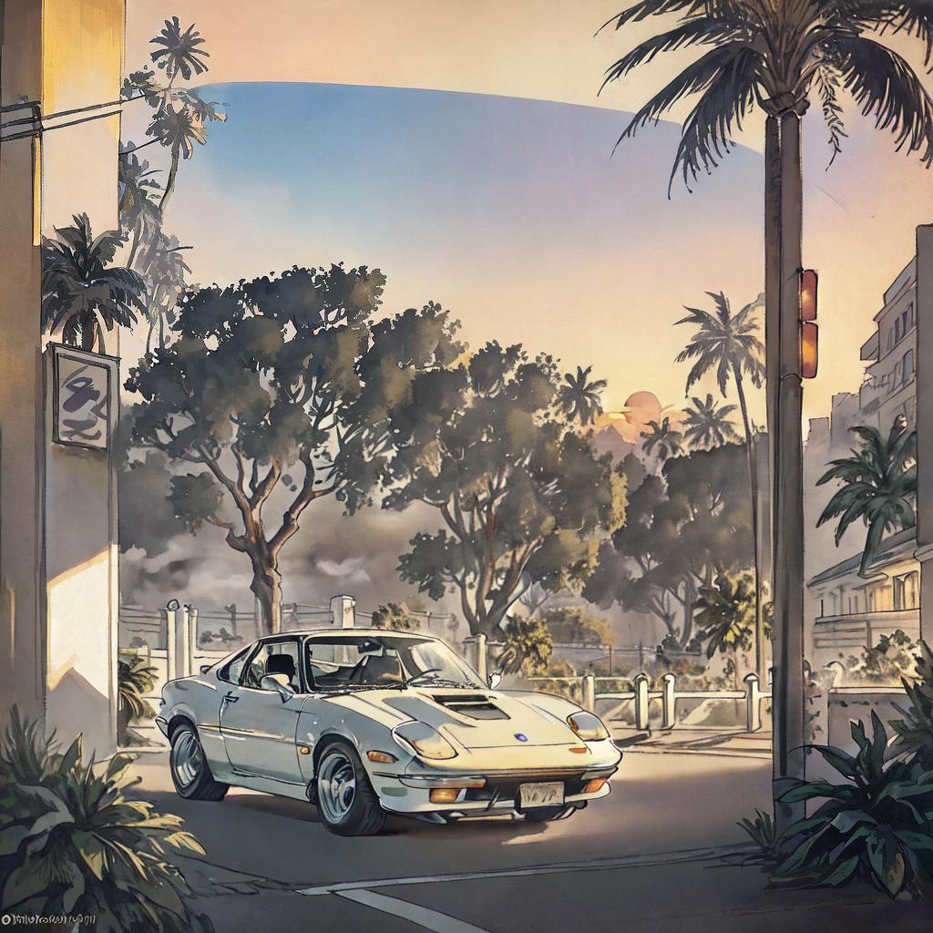  ((Masterpiece)),(((best quality))), 8k, high detailed, ultra-detailed. A 70s-style NSX sports car parked in a city street. (Vibrant graffiti) covers the walls nearby, while (palm trees) sway gently in the background. The car showcases its (sleek lines) and (chrome accents) under the (golden sunset) lighting. The scene exudes a sense of (retro nostalgia) and (timeless elegance). hyperrealistic, full body, detailed clothing, highly detailed, cinematic lighting, stunningly beautiful, intricate, sharp focus, f/1. 8, 85mm, (centered image composition), (professionally color graded), ((bright soft diffused light)), volumetric fog, trending on instagram, trending on tumblr, HDR 4K, 8K