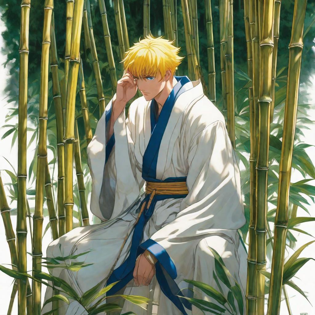  A young man with yellow hair and blue eyes, wearing a white robe, placing his hand on his head among bamboo sticks., anime concept art by Hayao Miyazaki, featured on pixiv, fantasy art, concept art, official art, high detailed hyperrealistic, full body, detailed clothing, highly detailed, cinematic lighting, stunningly beautiful, intricate, sharp focus, f/1. 8, 85mm, (centered image composition), (professionally color graded), ((bright soft diffused light)), volumetric fog, trending on instagram, trending on tumblr, HDR 4K, 8K