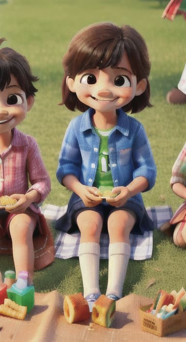  {Kids sitting around a picnic blanket, enjoying juice boxes and snacks., Children happily eating snacks, with crumbs on their faces and big smiles.