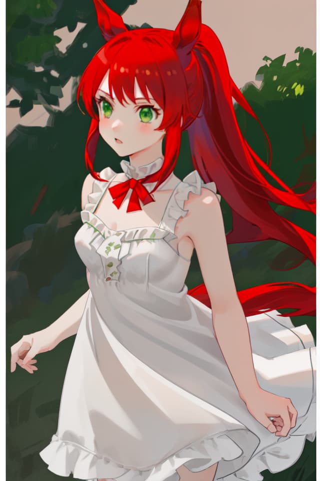 Girls, red hair, green eyes, Long Low Ponytail, horse ears, red sleeveless dresses, white frills on the shoulders