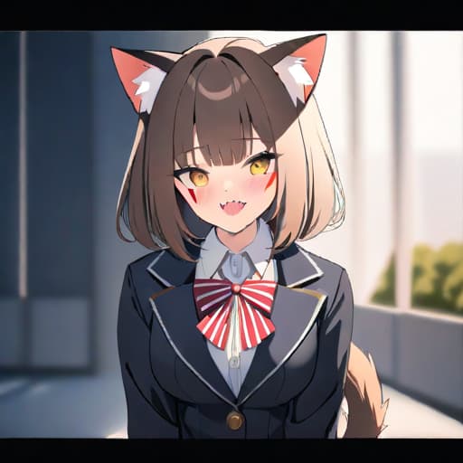  masterpiece, best quality, 1, solo, animal ears, bow, teeth, jacket, tail, open mouth, brown hair, orange background, bowtie, orange nails, simple background, cat ears, orange eyes, blue bow, animal ear fluff, cat tail, looking at viewer, upper body, shirt, uniform, hood, striped bow, striped, white shirt, black jacket, blue bowtie, fingernails, long sleeves, cat , bangs, fangs, collared shirt, striped bowtie, short hair, tongue, hoodie, sharp teeth, facial mark, claw pose hyperrealistic, full body, detailed clothing, highly detailed, cinematic lighting, stunningly beautiful, intricate, sharp focus, f/1. 8, 85mm, (centered image composition), (professionally color graded), ((bright soft diffused light)), volumetric fog, trending on instagram, trending on tumblr, HDR 4K, 8K