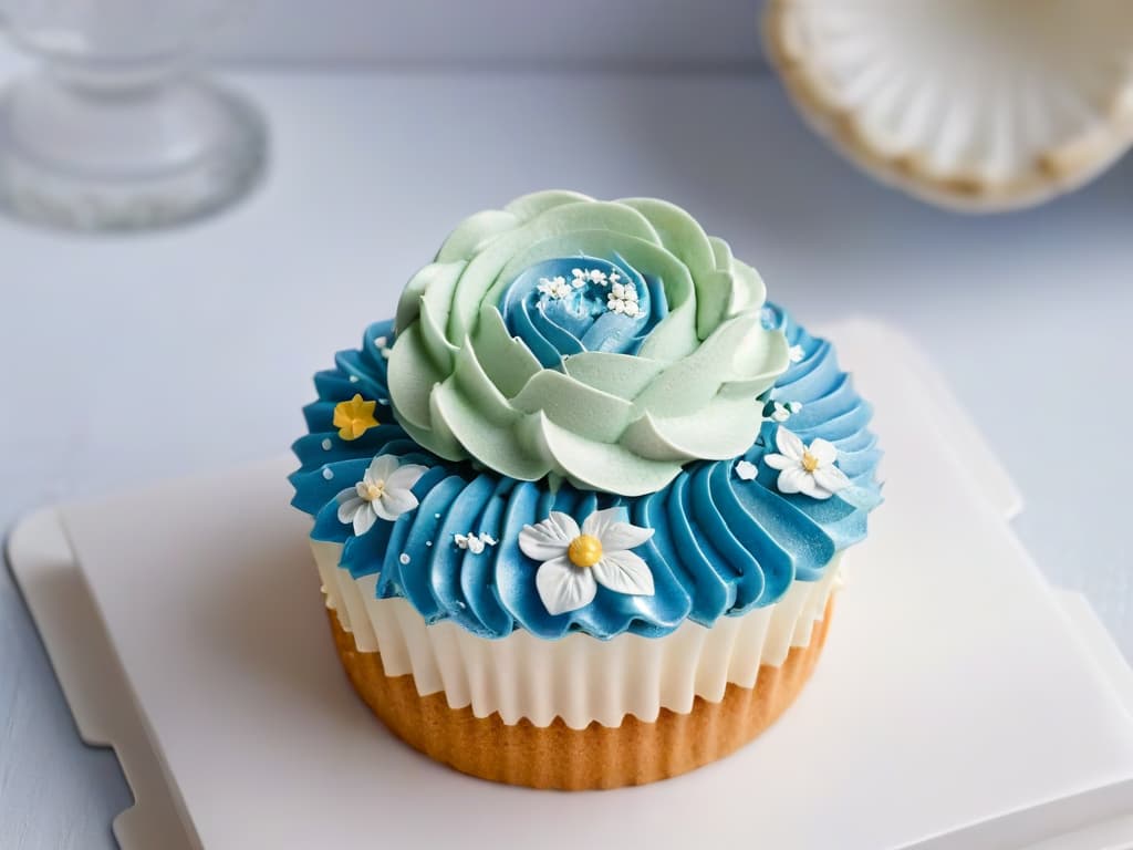  A minimalist, ultradetailed illustration of a beautifully decorated cupcake with intricate frosting swirls in pastel colors, adorned with delicate sugar flowers and shimmering edible glitter. The cupcake is displayed on a sleek, modern white plate, set against a soft, blurred background to emphasize its elegant design and craftsmanship. hyperrealistic, full body, detailed clothing, highly detailed, cinematic lighting, stunningly beautiful, intricate, sharp focus, f/1. 8, 85mm, (centered image composition), (professionally color graded), ((bright soft diffused light)), volumetric fog, trending on instagram, trending on tumblr, HDR 4K, 8K