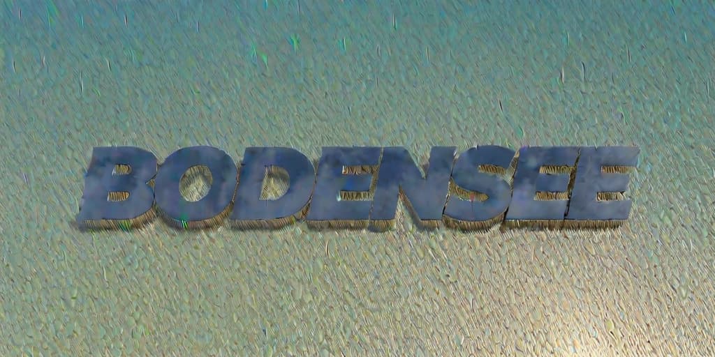  3D text "BODENSEE" floating above Lake Constance, clear skies, midday lighting. Rendered in 3D Model style, high resolution, realistic textures and reflections., high resolution, ((sharp focus)), best quality, ((masterpiece))