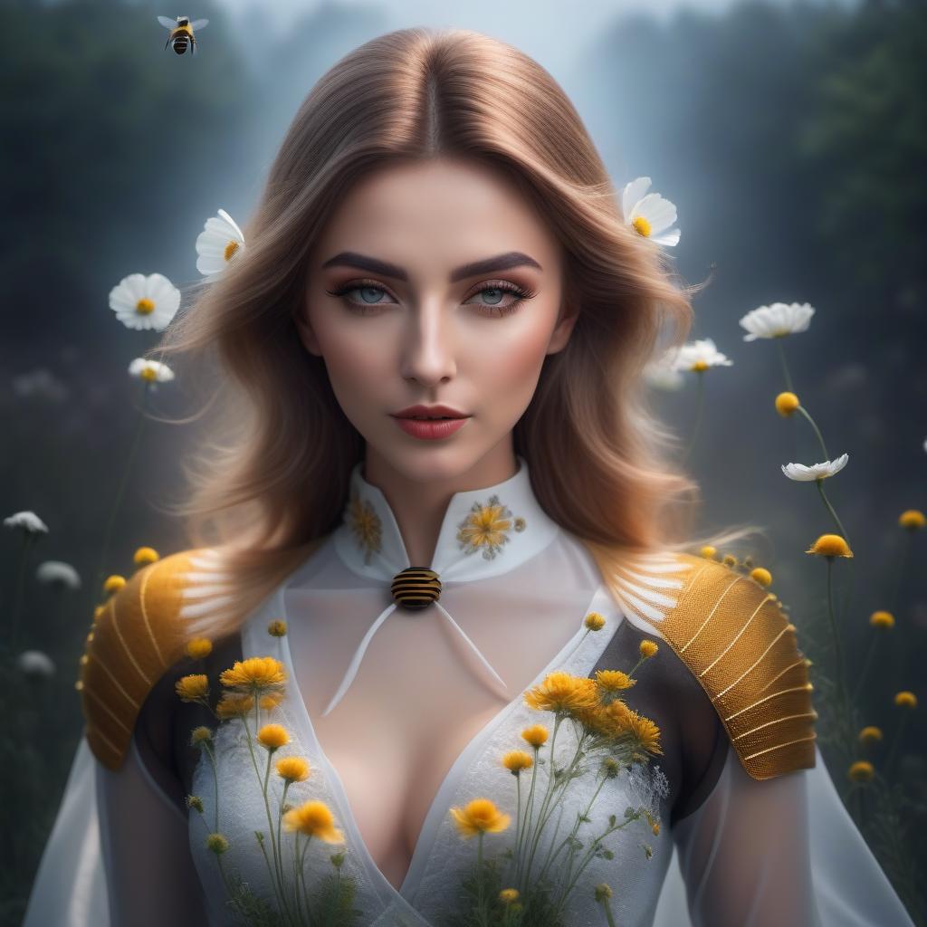  Bees fly around a big chamomile against a field of field flowers of poppy bells nearby, a girl sniffs a flower nearby.Style Realism hyperrealistic, full body, detailed clothing, highly detailed, cinematic lighting, stunningly beautiful, intricate, sharp focus, f/1. 8, 85mm, (centered image composition), (professionally color graded), ((bright soft diffused light)), volumetric fog, trending on instagram, trending on tumblr, HDR 4K, 8K