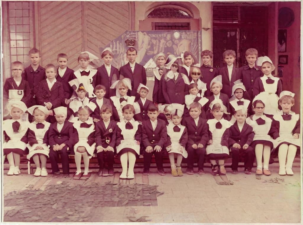  This photo was taken on September 1st 1986, exactly 128 days, or 4 months and 4 days, after the Chernobyl catastrophe took place. It captures my first day at in Gomel, Belarus. I had just turned that summer. In the photo, one can see my clmates and our teacher. Some are standing with their arms hanging beside their bodies, while others are seated on a low bench with their hands neatly placed on their . The students are arranged in three lines: 10 in the 3rd (top) back line, 9 in the 2nd (middle) line, and 13 in the 1st front line, totaling 32 students. There are 17 boys and 15 s, distinguished by the dress code. My friend Genadi is 4th from the right in the 3rd (top) line. I am seated in the very center of the