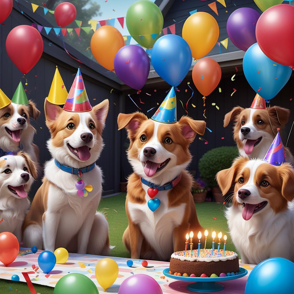  A heartening Telegram channel post featuring a dog's birthday party in a backyard adorned with balloons and confetti, the furry friends celebrating with party hats and treats, evoking a festive and joyous atmosphere, Pixar style, digital painting