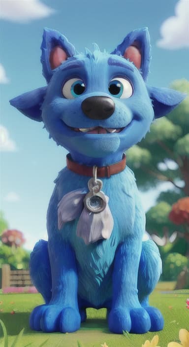  {Max carefully picking up the ball with his teeth without disturbing the flowers, The big blue dog is large with sky blue fur, big round eyes, a black nose, and floppy ears.