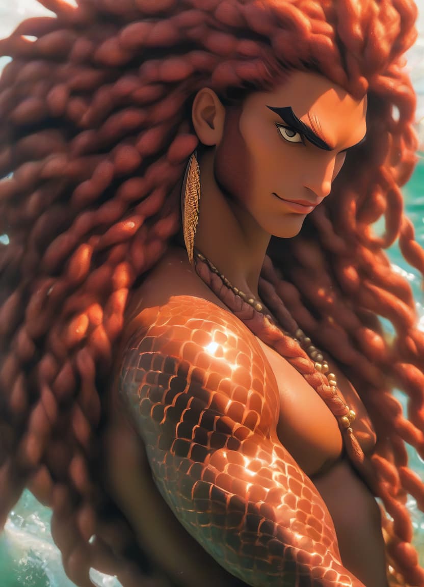  A drawing of a tall young merman with bronze tanned skin and long wavy reddish hair, in which small braids with beads and feathers can be seen. His face is beautiful by human standards, with delicate features, a pointed chin and slightly raised nose; large amber eyes narrowed at the outsides; furry reddish eyelashes. He has a strong and relief body, like a professional swimmer. His merman tail is of orange gold color, in the style of fantasy art. hyperrealistic, full body, detailed clothing, highly detailed, cinematic lighting, stunningly beautiful, intricate, sharp focus, f/1. 8, 85mm, (centered image composition), (professionally color graded), ((bright soft diffused light)), volumetric fog, trending on instagram, trending on tumblr, HDR 4K, 8K