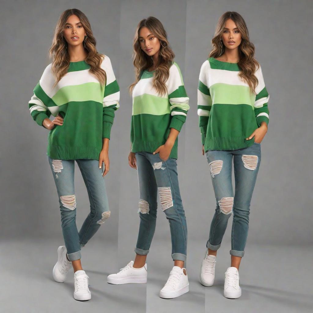  masterpiece, best quality,Can you show me a cute female spring outfit with a sweater with 3 large stripes, a white one on top and two green stripes on the bottom ,