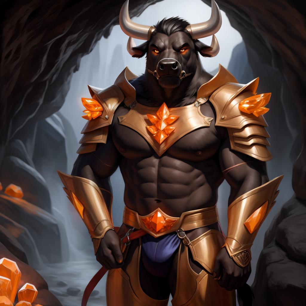  By chunie, by Meesh, 3d, portrait, full view, full body, detailed eyes, glowing eyes:2, sharp detail, masterpiece, orange crystal horns:2, photorealistic:2, solo, anthro, male, black bull(orange crystal horns):2, scar on face, large muzzle, a black bull stands in a large cave:2, mouth closed, angry face:2, serious face:2, pointing at the camera, rage, enraged:2, ultra detailed glowing crystals(orange crystals), wear glowing orange crystal armor:2(detailed armor), front view:2, sfw, thick body:2, muscular body:2, large body:2, stare at the camera, open eyes, digital art, masterpiece, 4k, fine details,