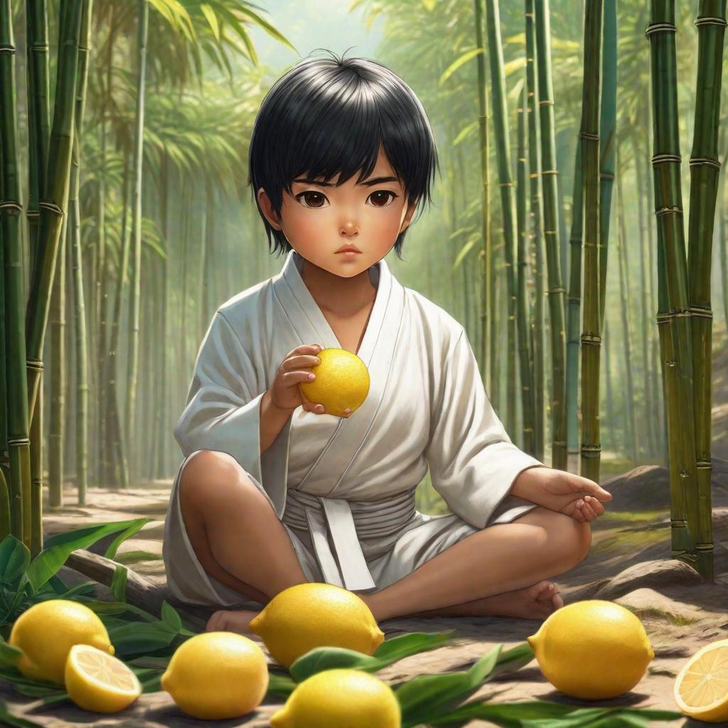  A black haired child wearing a white karate uniform drinks lemon juice among bamboo sticks., anime concept art by Hayao Miyazaki, featured on pixiv, fantasy art, concept art, official art, high detailed hyperrealistic, full body, detailed clothing, highly detailed, cinematic lighting, stunningly beautiful, intricate, sharp focus, f/1. 8, 85mm, (centered image composition), (professionally color graded), ((bright soft diffused light)), volumetric fog, trending on instagram, trending on tumblr, HDR 4K, 8K