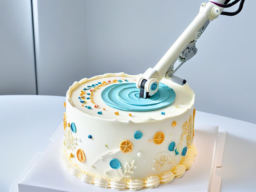  An ultradetailed closeup image of a stateoftheart robotic arm delicately piping intricate designs on a beautifully crafted cake, showcasing precision and efficiency in a modern bakery setting. The robotic arm, sleek and futuristic in design, moves gracefully against a clean, white backdrop, emphasizing the combination of technology and artistry in pastry production. The piping nozzle releases a fine stream of colorful frosting, creating a mesmerizing pattern that highlights the impact of energyefficient robotics in the confectionery industry. hyperrealistic, full body, detailed clothing, highly detailed, cinematic lighting, stunningly beautiful, intricate, sharp focus, f/1. 8, 85mm, (centered image composition), (professionally color graded), ((bright soft diffused light)), volumetric fog, trending on instagram, trending on tumblr, HDR 4K, 8K