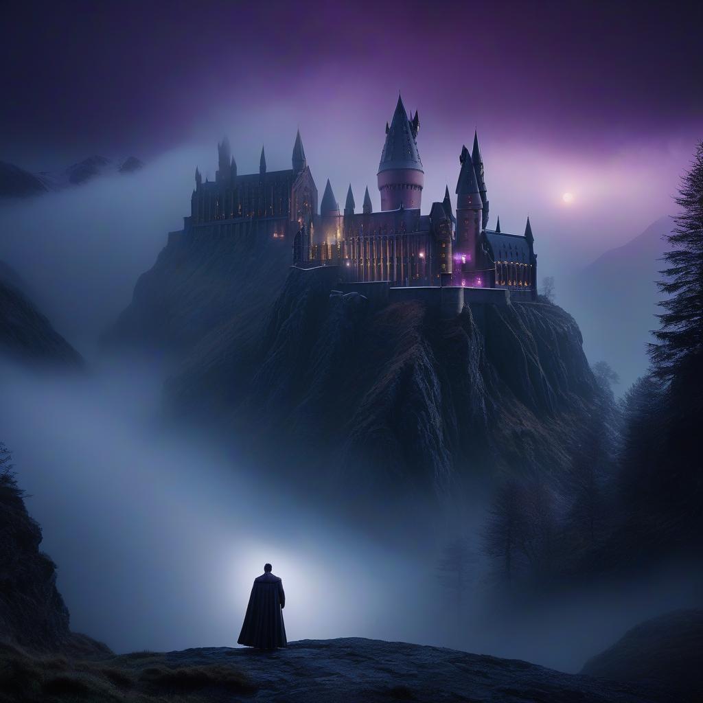  Hogwarts school building on the mountain and in the mist. Dragon. Highly detailed. Dark purple night background. hyperrealistic, full body, detailed clothing, highly detailed, cinematic lighting, stunningly beautiful, intricate, sharp focus, f/1. 8, 85mm, (centered image composition), (professionally color graded), ((bright soft diffused light)), volumetric fog, trending on instagram, trending on tumblr, HDR 4K, 8K