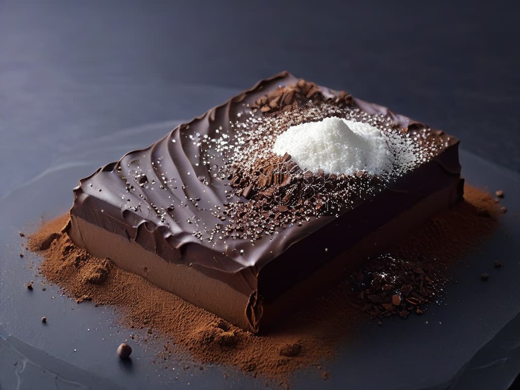  An image of a sleek, minimalistic dark chocolate bar with a sprinkle of powdered cocoa on a clean, white marble surface. The chocolate bar is perfectly segmented, showcasing its glossy texture, and the cocoa powder adds a touch of elegance to the composition. The lighting is soft, emphasizing the rich color of the chocolate and creating a sophisticated and inviting atmosphere. hyperrealistic, full body, detailed clothing, highly detailed, cinematic lighting, stunningly beautiful, intricate, sharp focus, f/1. 8, 85mm, (centered image composition), (professionally color graded), ((bright soft diffused light)), volumetric fog, trending on instagram, trending on tumblr, HDR 4K, 8K