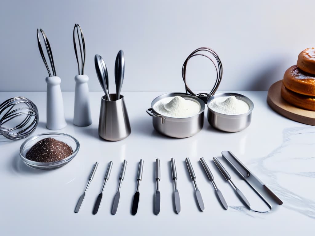  A sleek, minimalistic image featuring an array of shiny stainless steel baking tools neatly arranged on a clean, white marble countertop. In the center, a set of precision measuring spoons, a wire whisk, a pastry brush, and a rolling pin are displayed with impeccable lighting that accentuates their polished surfaces. The composition exudes professionalism and precision, embodying the essence of essential baking equipment for competition preparation. hyperrealistic, full body, detailed clothing, highly detailed, cinematic lighting, stunningly beautiful, intricate, sharp focus, f/1. 8, 85mm, (centered image composition), (professionally color graded), ((bright soft diffused light)), volumetric fog, trending on instagram, trending on tumblr, HDR 4K, 8K