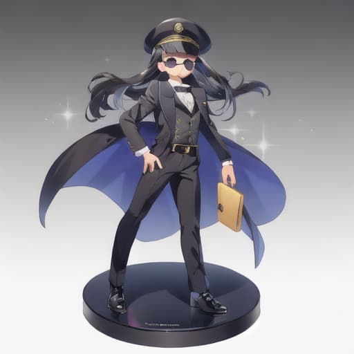  master piece , best quality,Black sunglasses, medium hat, black suit, male, black hair, miniature character