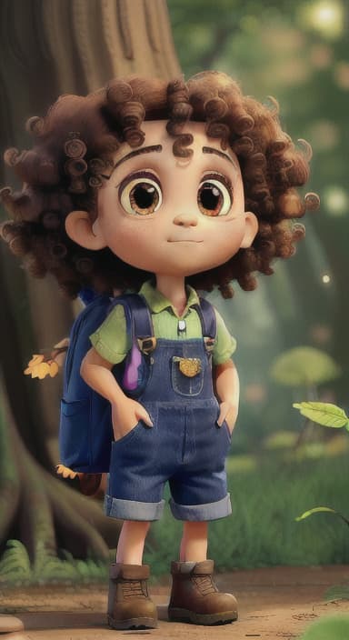  {The tree with a twinkling eye, while its leaves gently rustle., Riley, a curious with big brown eyes and curly hair, wearing overalls and carrying a small backpack. Their friend, Skye, a bluebird with shiny feathers.