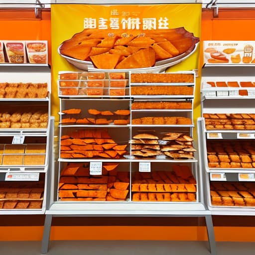  A poster of a sweet potato bakery, which contains the main products, such as: sweet potato chips, dried sweet potatoes, sweet potato wheat full score, etc., mainly orange or yellow ，