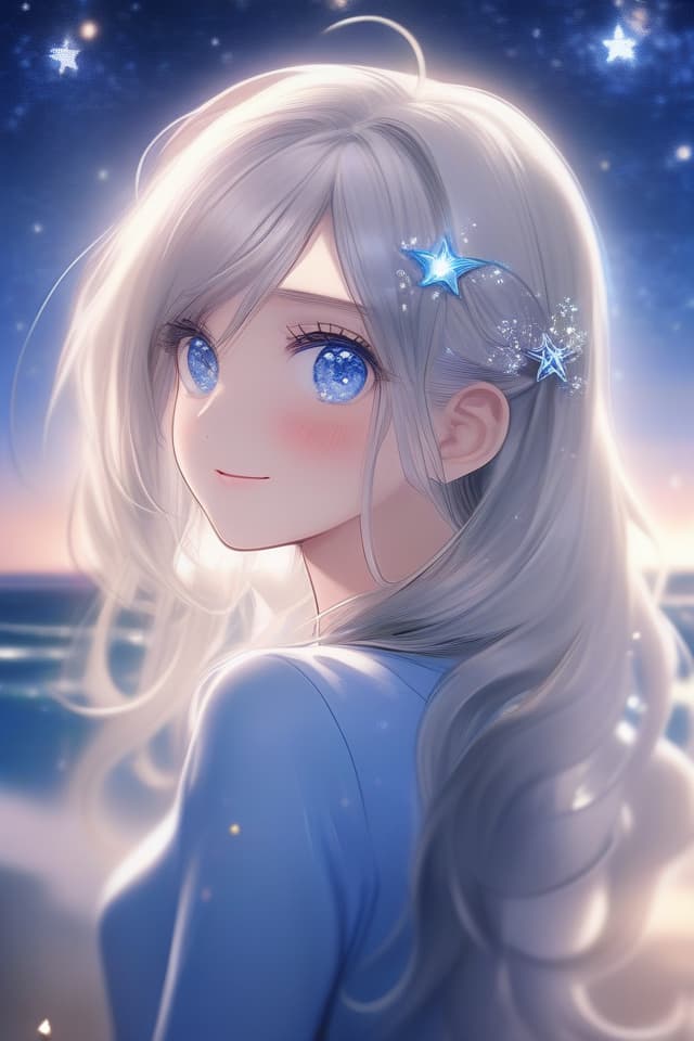  Cute girl, Super Beautiful Girl Close Up, Masterpiece, Silver Hair Blue Eyes, Starry Sky, Looking Up at Night Sky, Sparkling Sea, High Quality, 8k