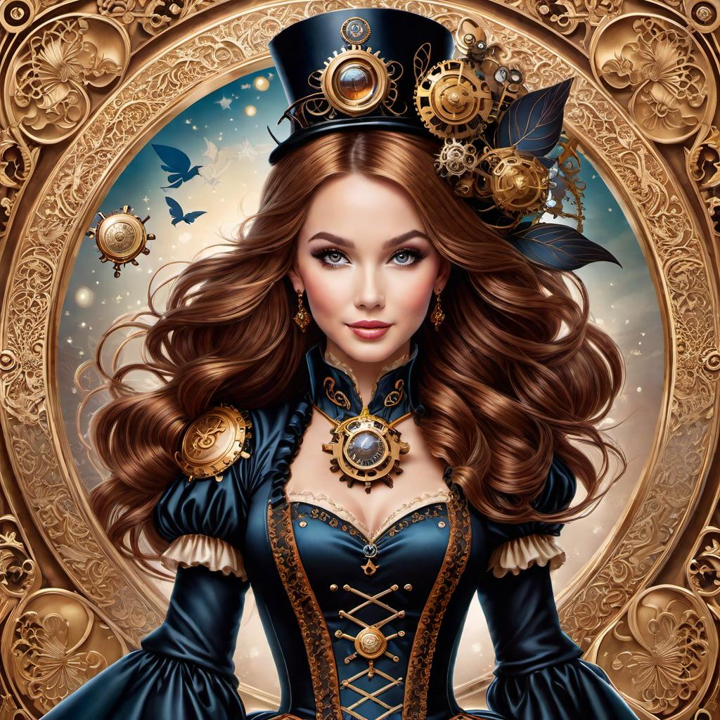  with steampunk elements, Craft an enchanting portrait of a graceful princess, radiating timeless elegance in a magical Disney realm.