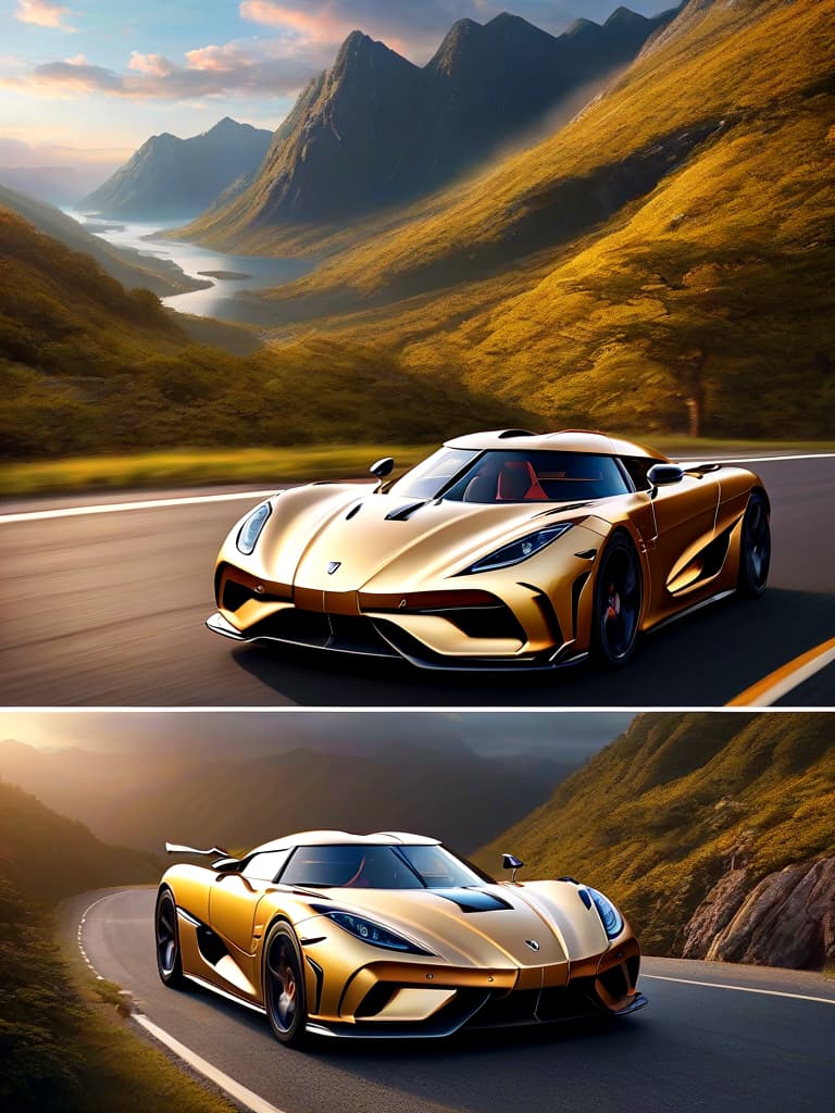  concept art hyper realistic, 2020 Koenigsegg Regera, intricate details, winding mountain road, epic sunrise, golden clouds, dramatic lighting, perfect composition, , 4k. digital artwork, illustrative, painterly, matte painting, highly detailed